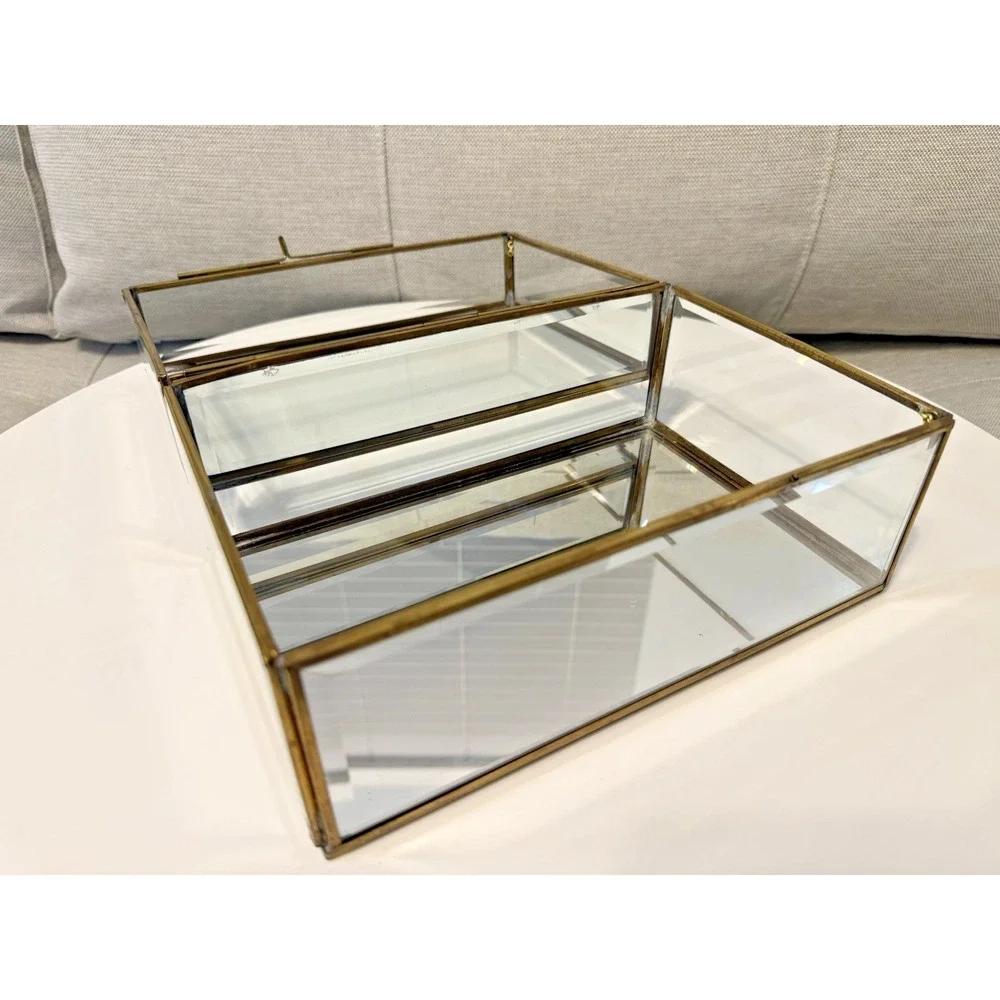 Vintage Enesco Glass Brass Large Curio Trinket Jewelry Box Display